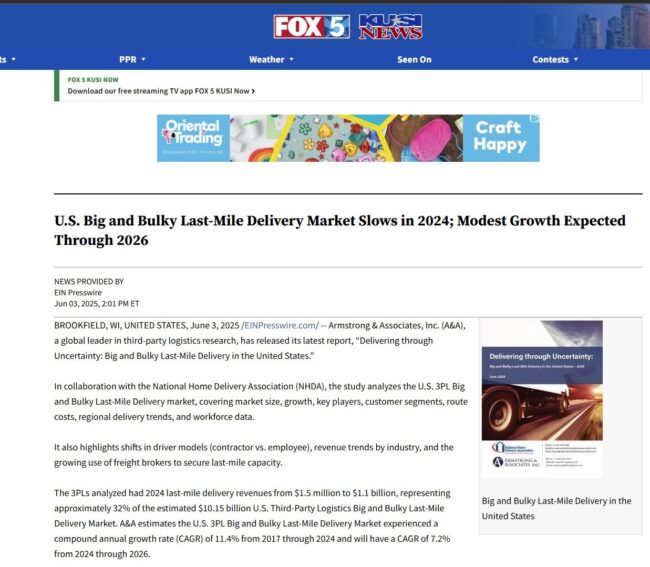 U.S. Big and Bulky Last-Mile Delivery Market Slows in 2024; Modest Growth Expected Through 2026, FOX5 News, June 2025