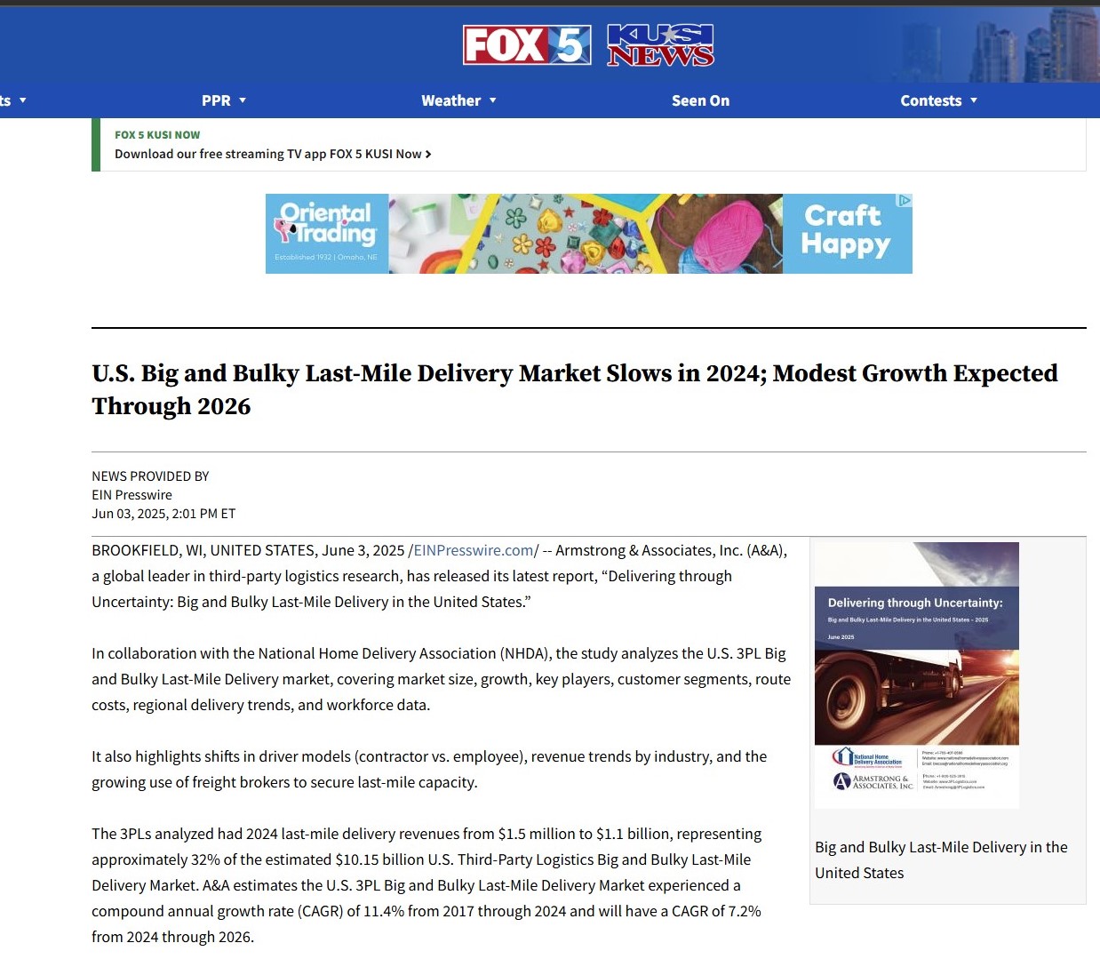 U.S. Big and Bulky Last-Mile Delivery Market Slows in 2024; Modest Growth Expected Through 2026, FOX5 News, June 2025